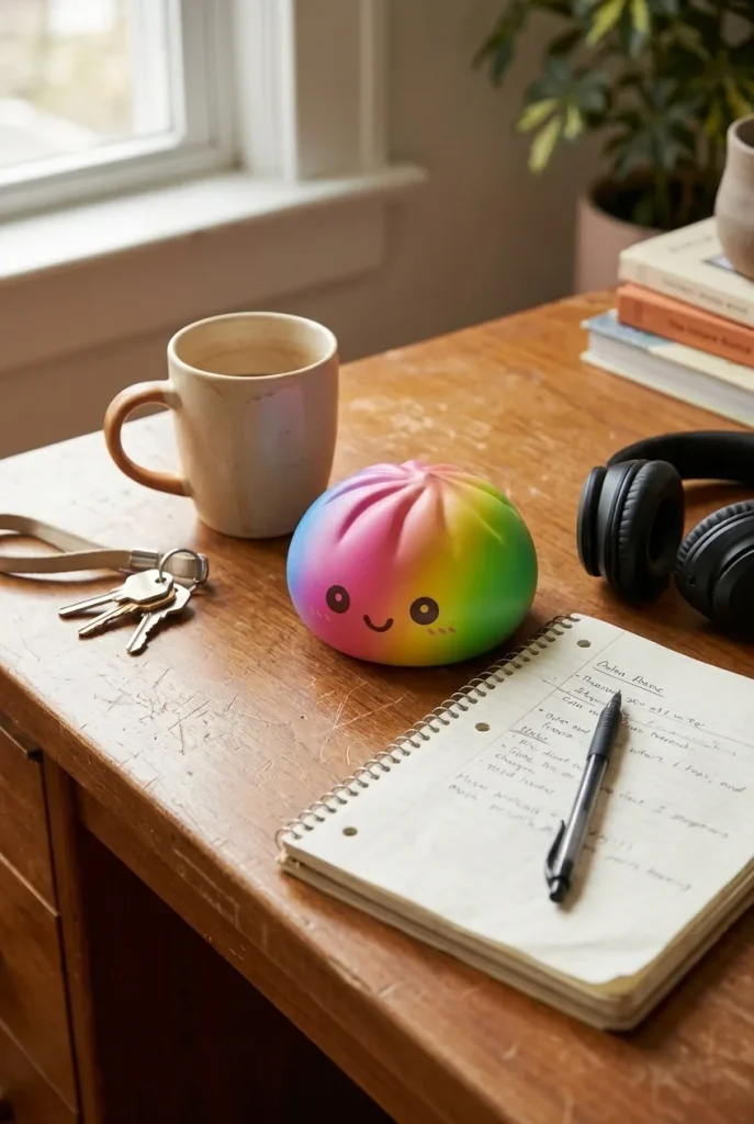 Rainbow Dumpling Squishy XXL Regenbogen-Riese auf dem Schreibtisch