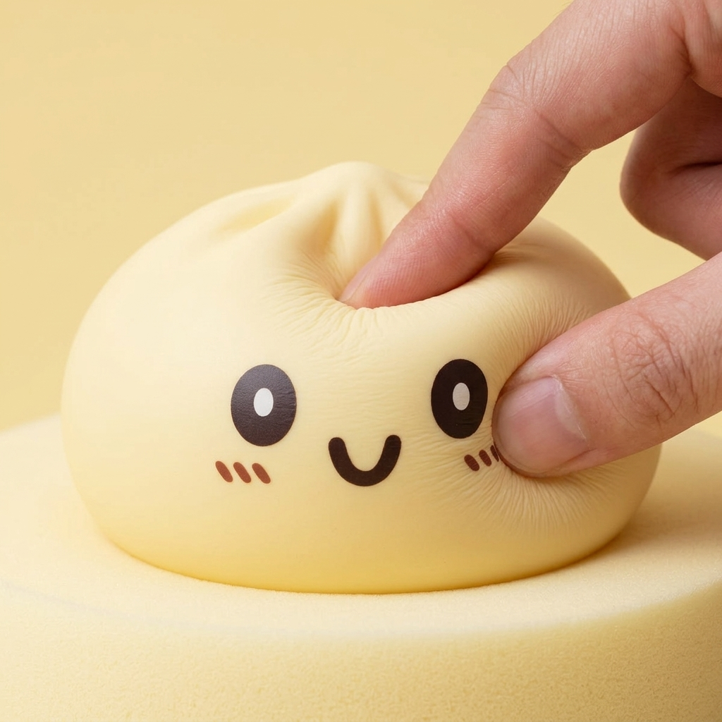 Squishy Dumpling Gelb Gigant XXL beim Drücken, weiches Material