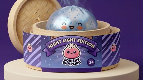 Dumpling Squishy Eisblau Sparkle im Bambus-Dämpfkörbchen
