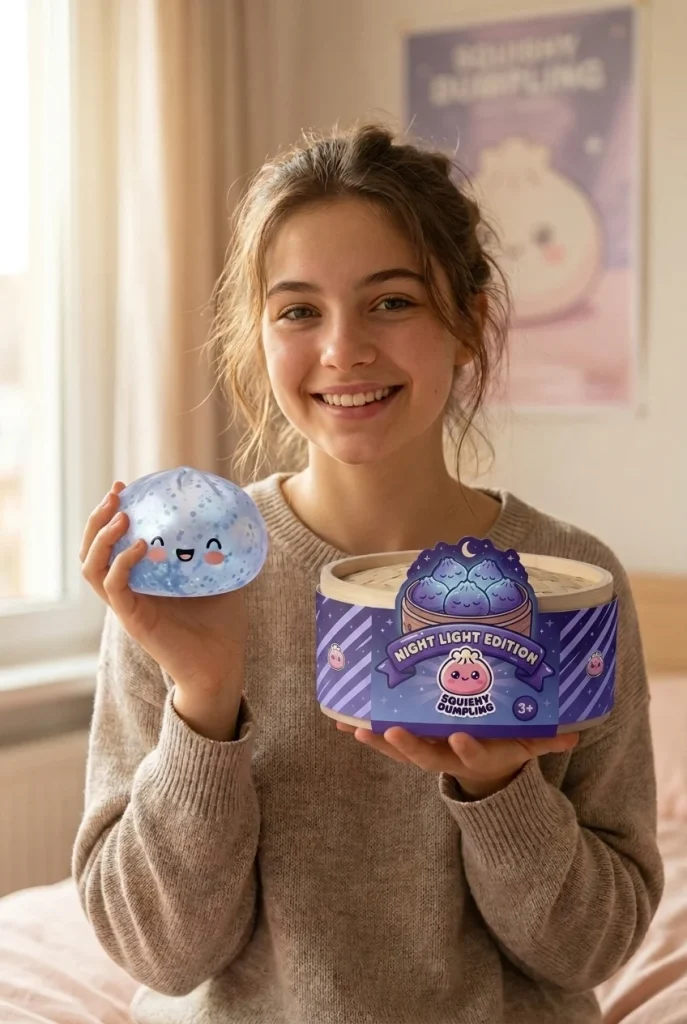 Dumpling Squishy Eisblau Sparkle mit seiner Box