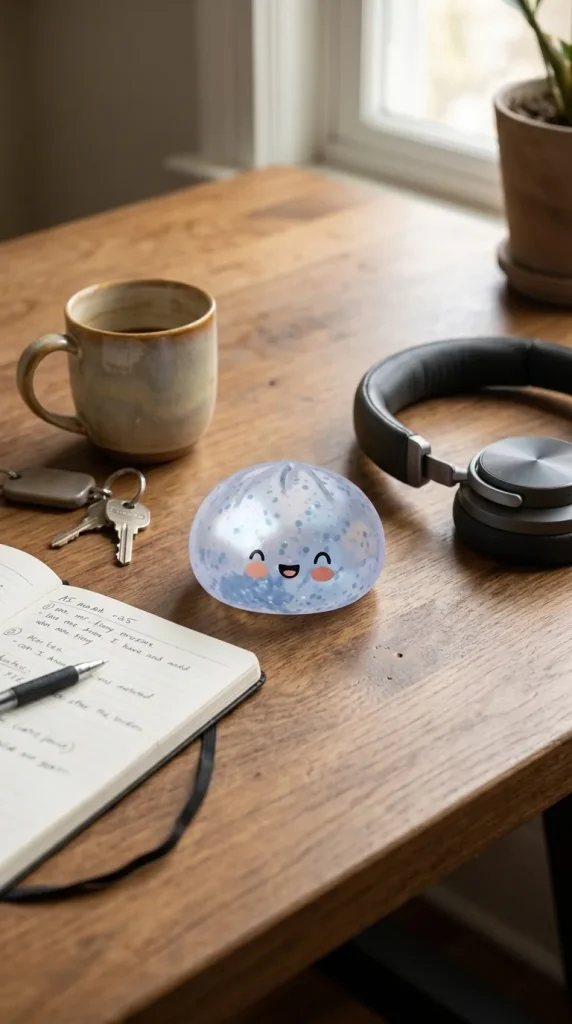 Dumpling Squishy Eisblau Sparkle auf dem Schreibtisch
