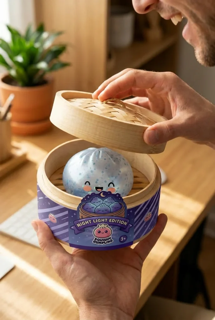 Dumpling Squishy Eisblau Sparkle beim Auspacken