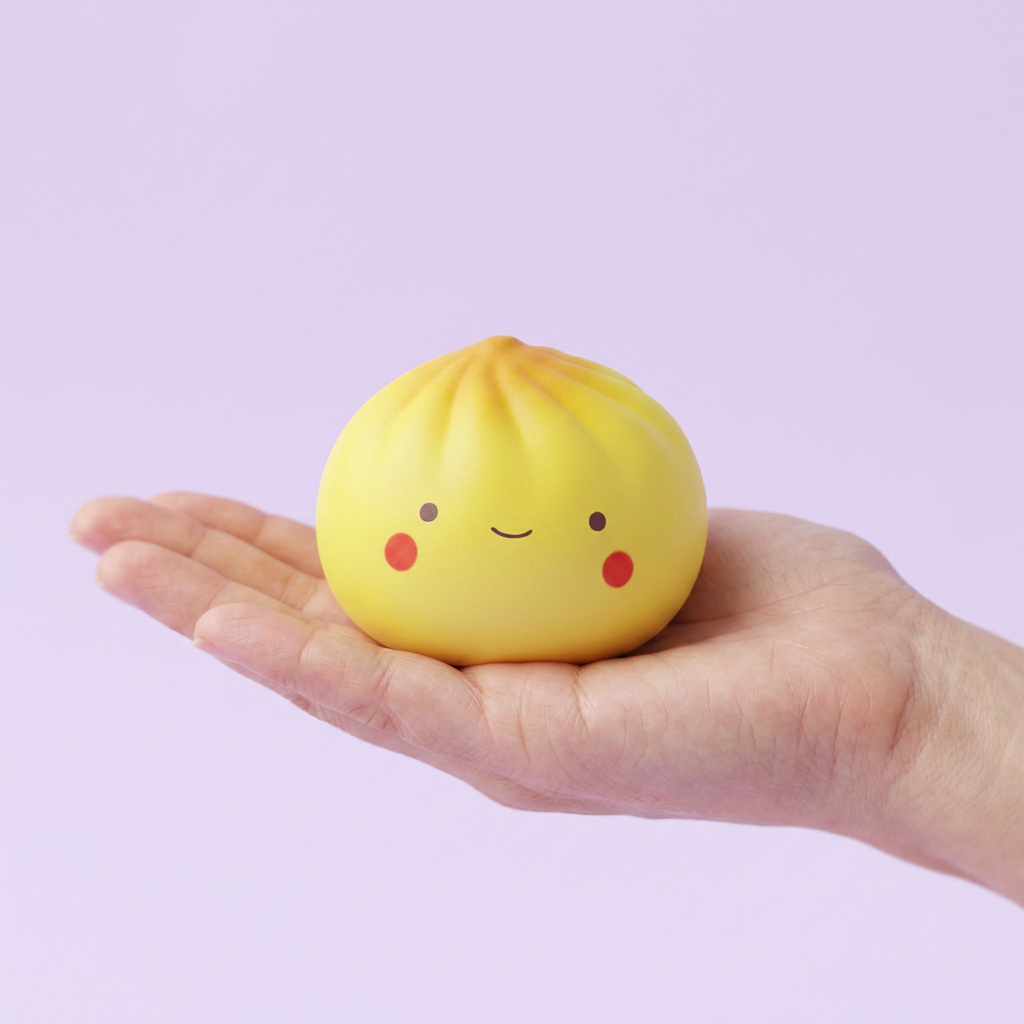 Dumpling Squishy Blind Box Mini – 24er Mystery Set in der Hand gehalten, echte Größe