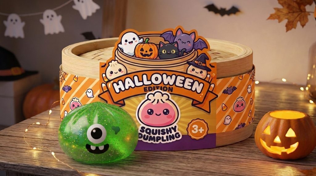 Squishy Dumpling Monster Halloween Glitter Grün in seiner kawaii Umgebung
