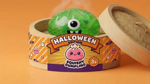 Squishy Dumpling Monster Halloween Glitter Grün im Bambus-Dämpfkörbchen