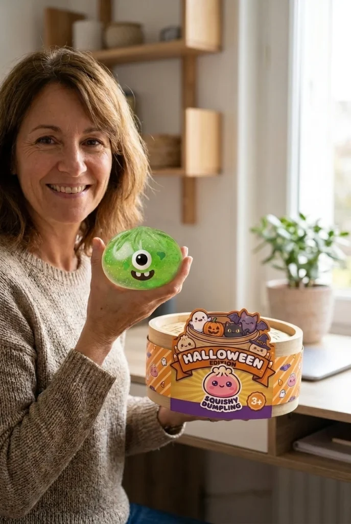 Squishy Dumpling Monster Halloween Glitter Grün mit seiner Box