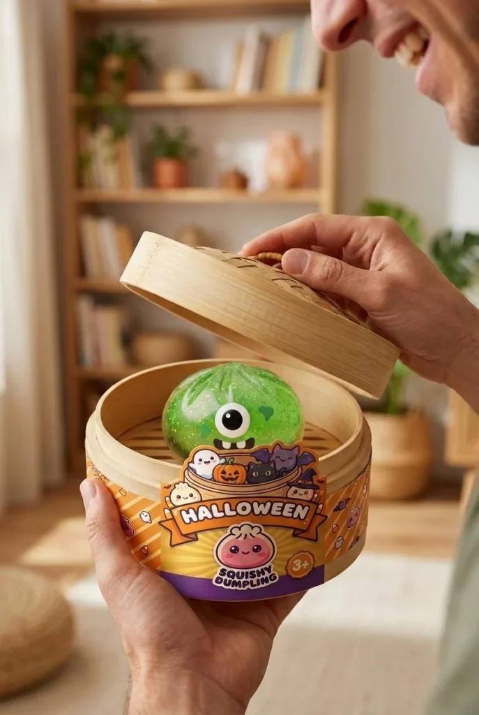 Squishy Dumpling Monster Halloween Glitter Grün beim Auspacken