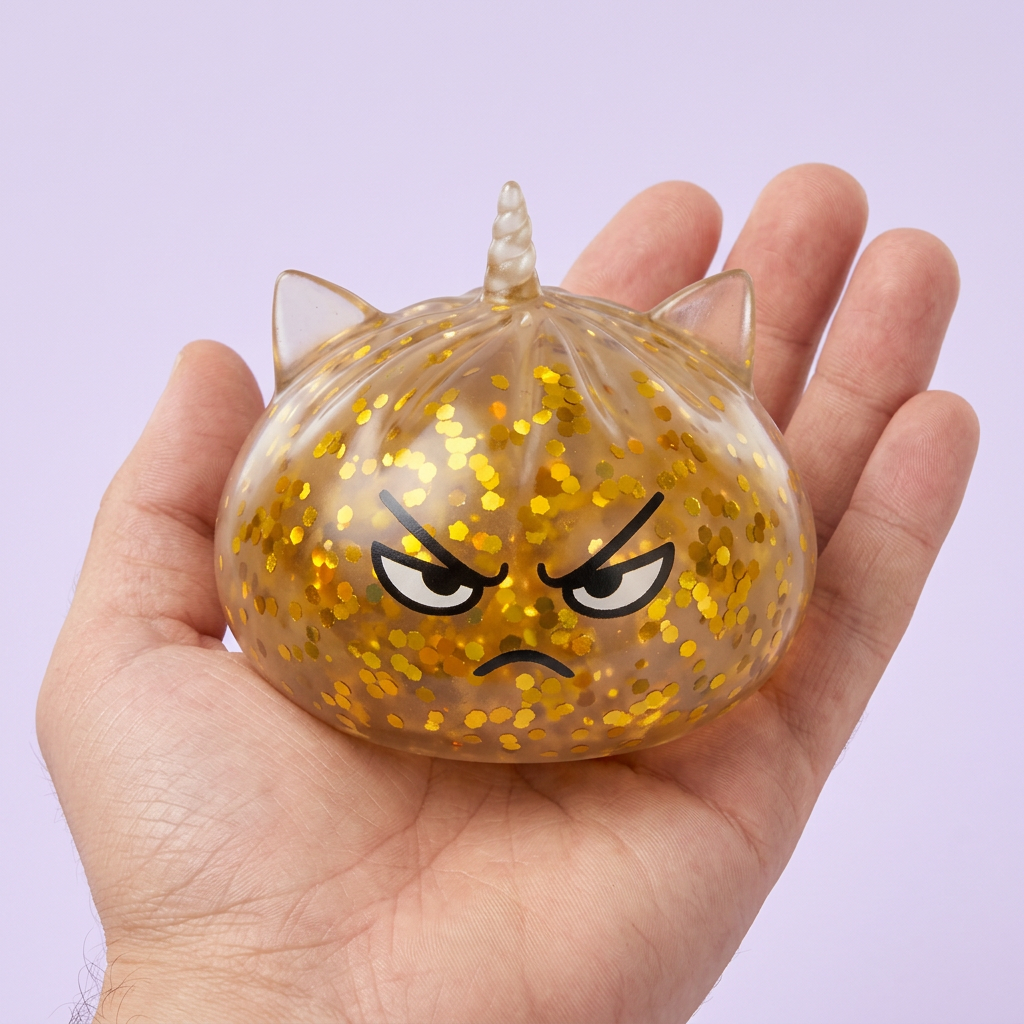 Glitter Dumpling Squishy Rare Einhorn-Zauber in der Hand gehalten, echte Größe