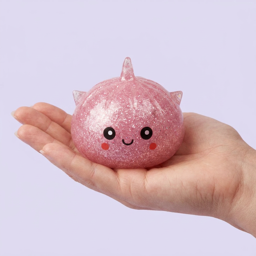 Mystery Dumpling Squishy Glitter Einhorn in der Hand gehalten, echte Größe