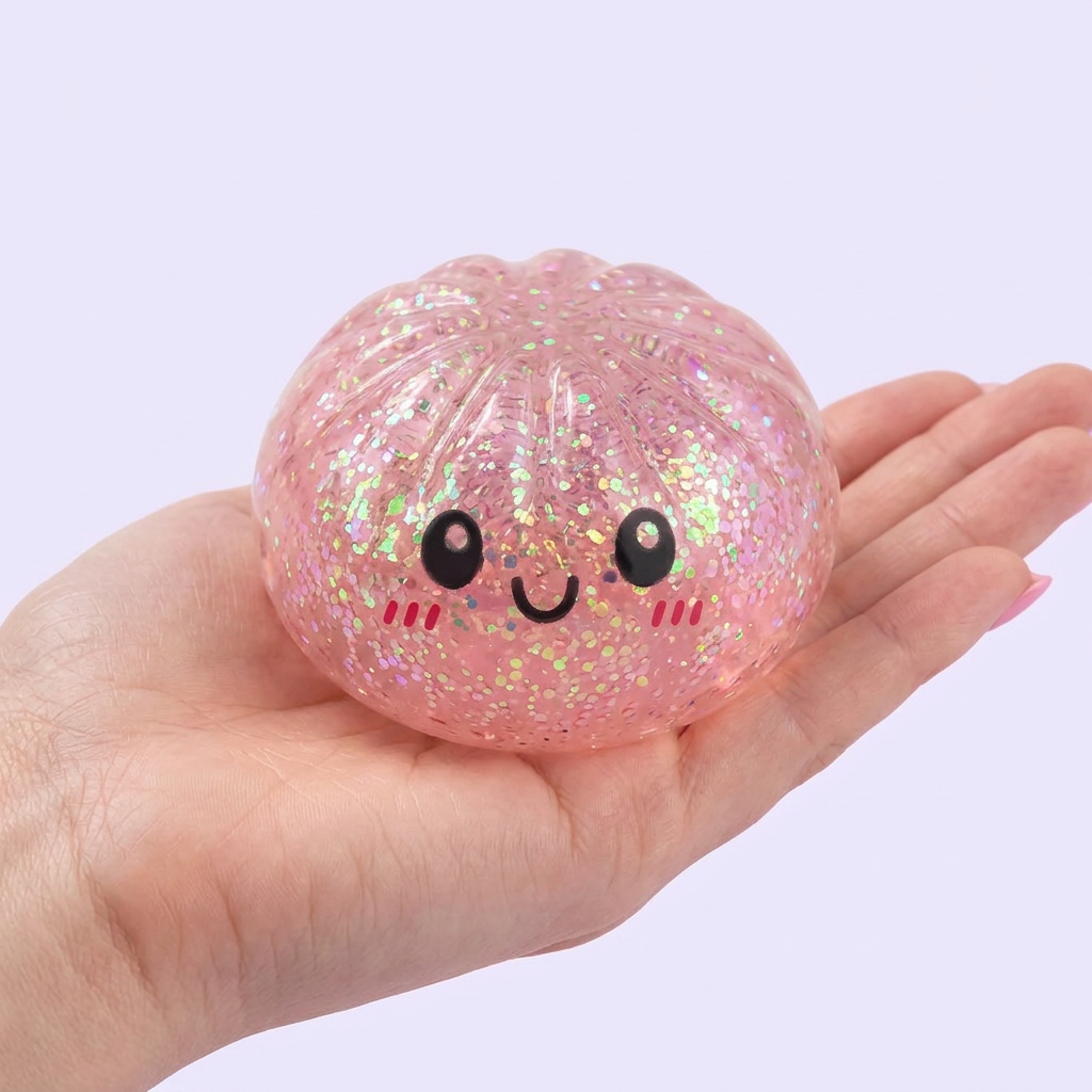 Dumplings Squishy Glitter Surprise Mystery in der Hand gehalten, echte Größe