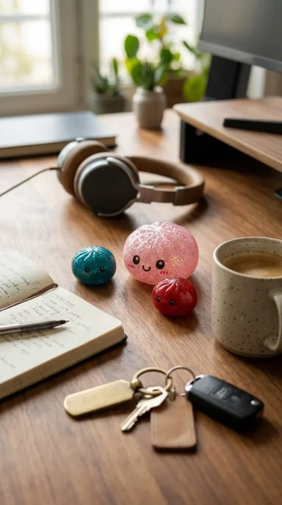 Dumplings Squishy Glitter Surprise Mystery auf dem Schreibtisch