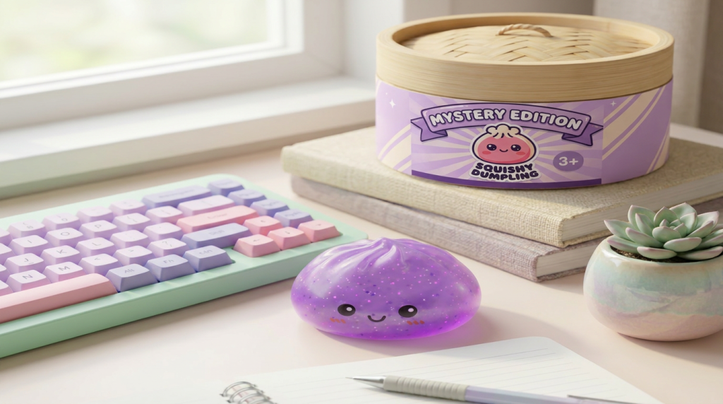 Dumpling Squishy Mystery Glow in the Dark mit Glitzer in seiner kawaii Umgebung