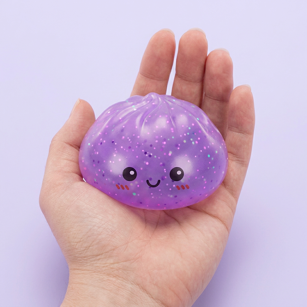 Dumpling Squishy Mystery Glow in the Dark mit Glitzer in der Hand gehalten, echte Größe