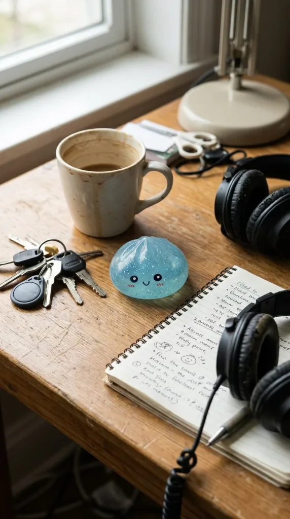 Dumpling Squishy Mystery Glow in the Dark mit Glitzer auf dem Schreibtisch