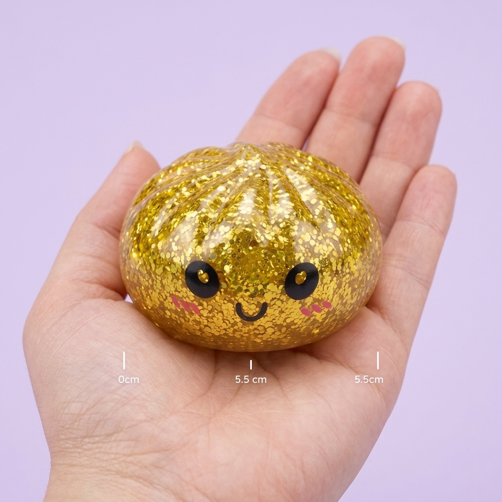 Squishy Dumpling Mystery Glitter Mini-Set in der Hand gehalten, echte Größe