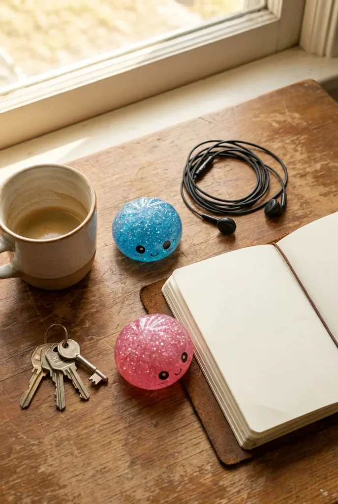 Squishy Dumpling Mystery Glitter Mini-Set auf dem Schreibtisch