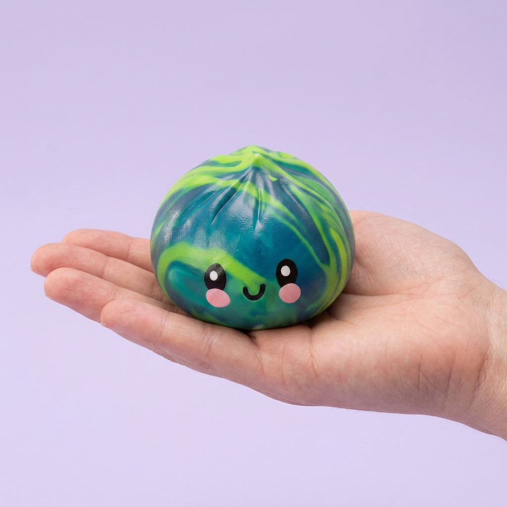 Dumpling Squishy Mystery Tie Dye Mini in der Hand gehalten, echte Größe