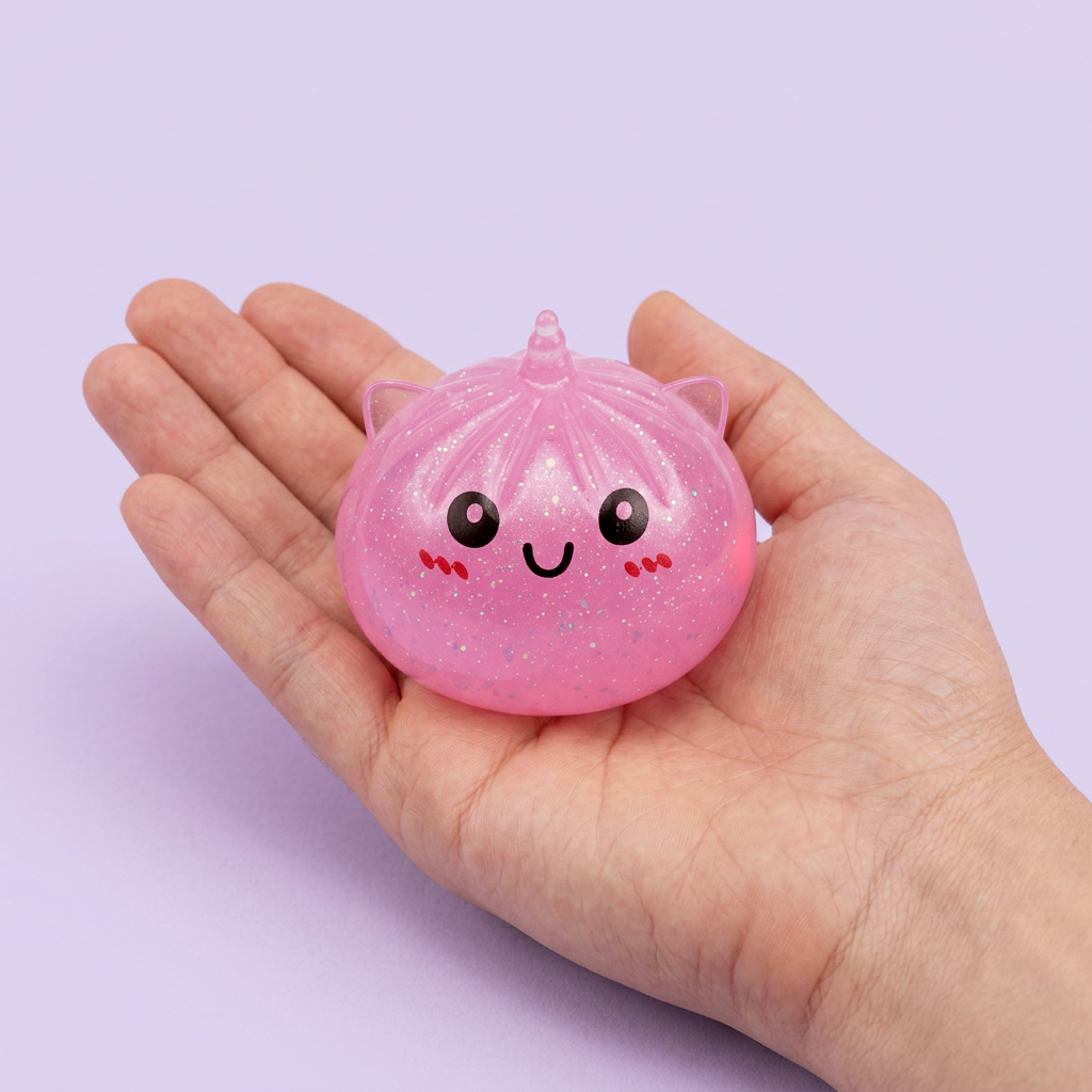 Dumpling Squishy Unicorn Mystery Mini in der Hand gehalten, echte Größe