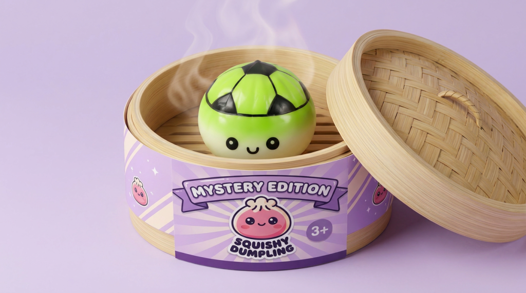 Mystery Dumpling Squishy Fußball Edition im Bambus-Dämpfkörbchen