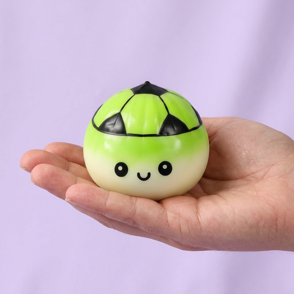 Mystery Dumpling Squishy Fußball Edition in der Hand gehalten, echte Größe