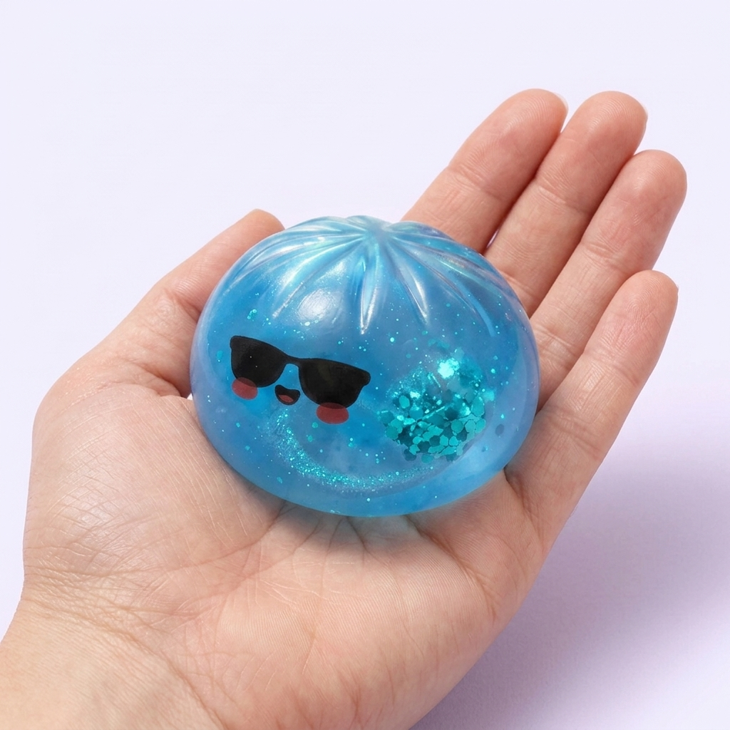 Mystery Dumpling Squishy Sommer-Edition in der Hand gehalten, echte Größe