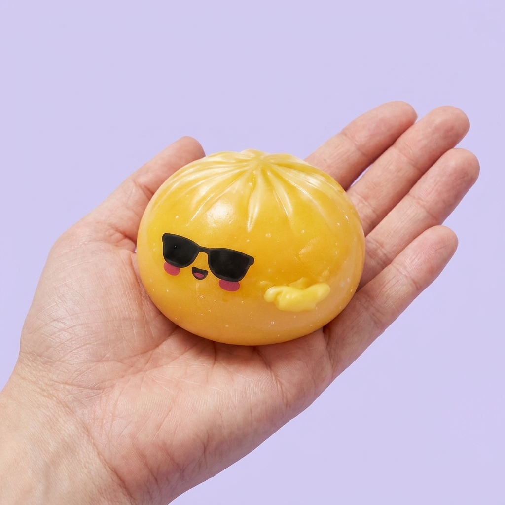Mystery Dumpling Squishy Sonnenbrille in der Hand gehalten, echte Größe