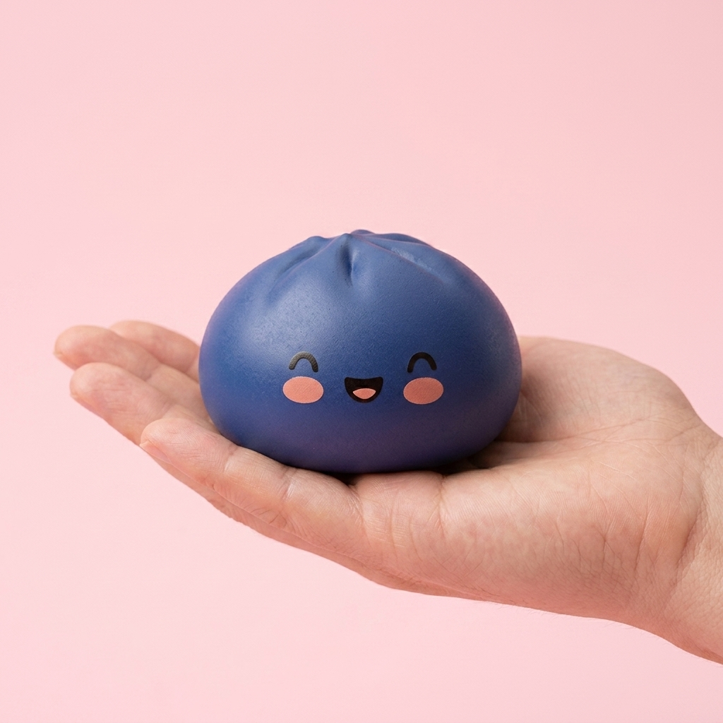 Dumpling Squishy Marineblau Mitternacht in der Hand gehalten, echte Größe