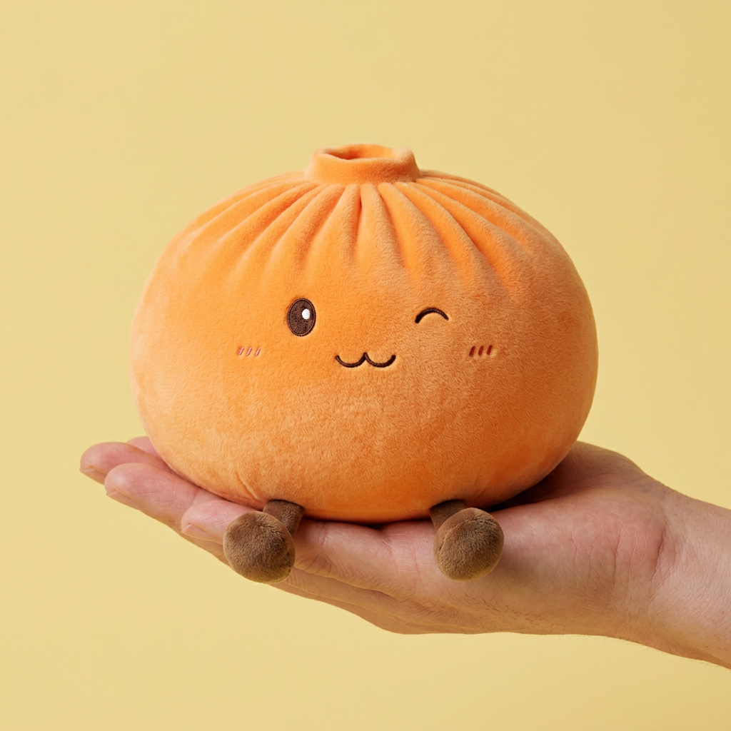 Giant Dumpling Squishy Orange – XXL Kuscheldumpling in der Hand gehalten, echte Größe