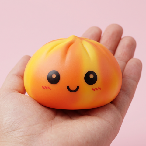 Squishy Dumpling Tie Dye Orange Sonnenuntergang-Marmor in der Hand gehalten, echte Größe