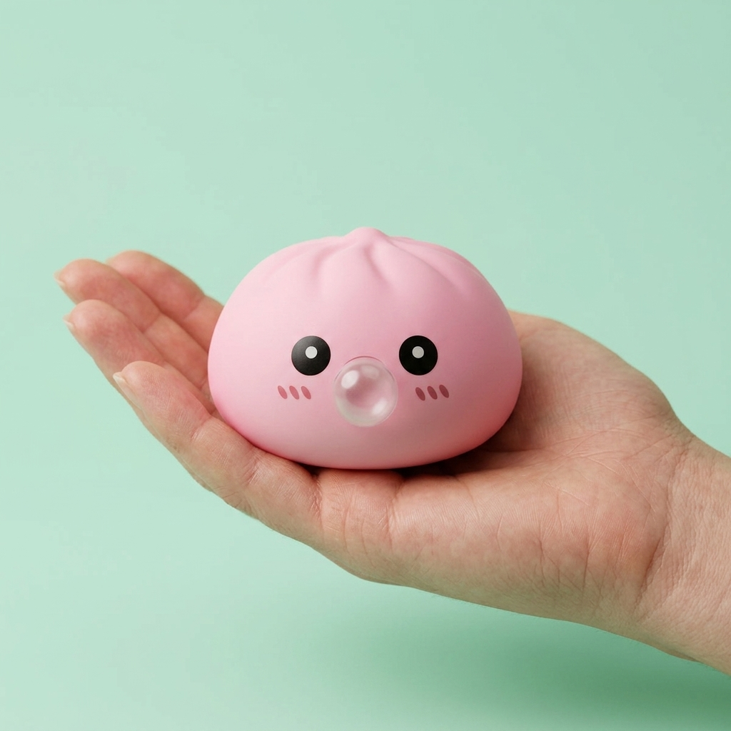 Dumpling Squishy Rosa Flauschwolke in der Hand gehalten, echte Größe