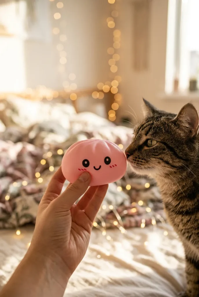 Pink Squishy Dumpling Blütenzart mit einem Kuscheltier
