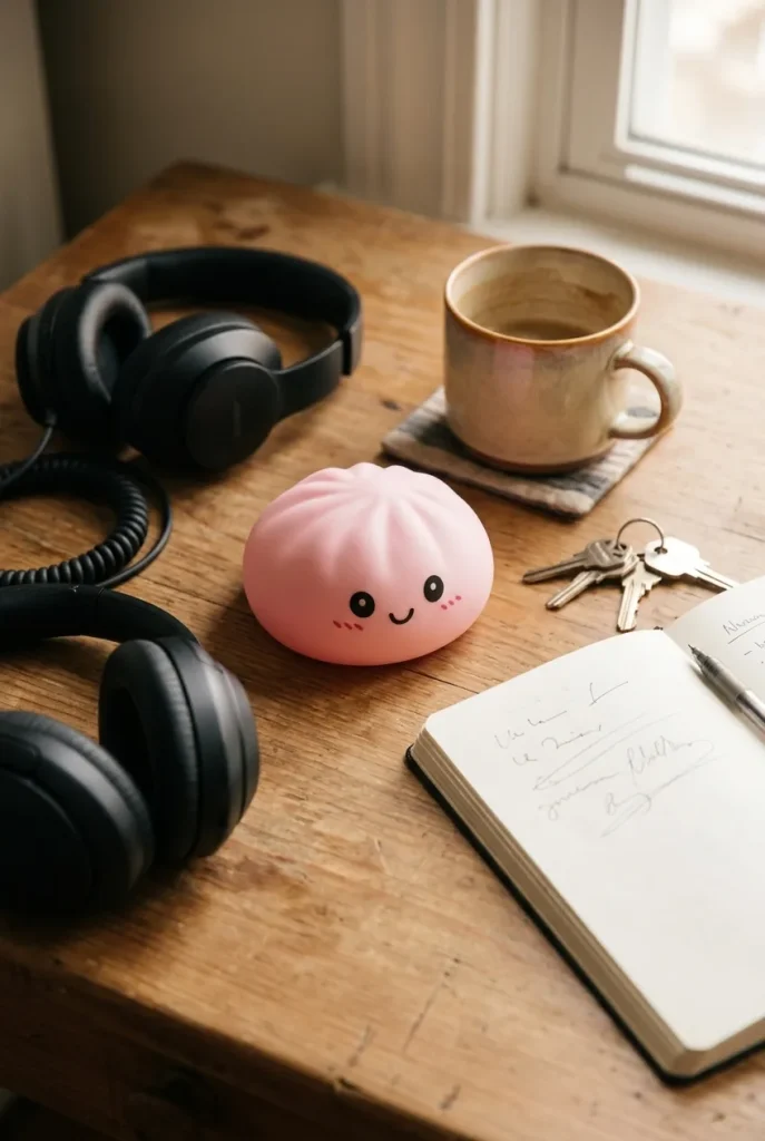 Pink Squishy Dumpling Blütenzart auf dem Schreibtisch