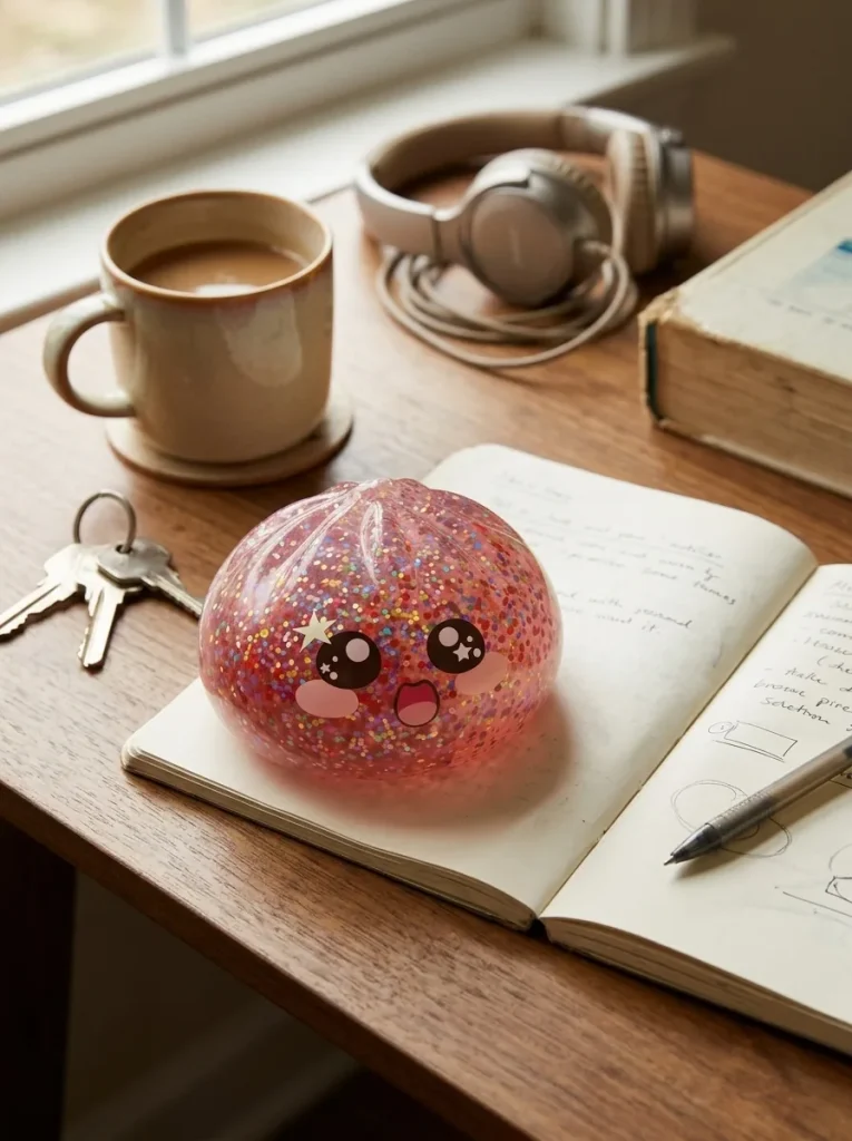 Galaxy Dumpling Squishy Rosa Kawaii auf dem Schreibtisch