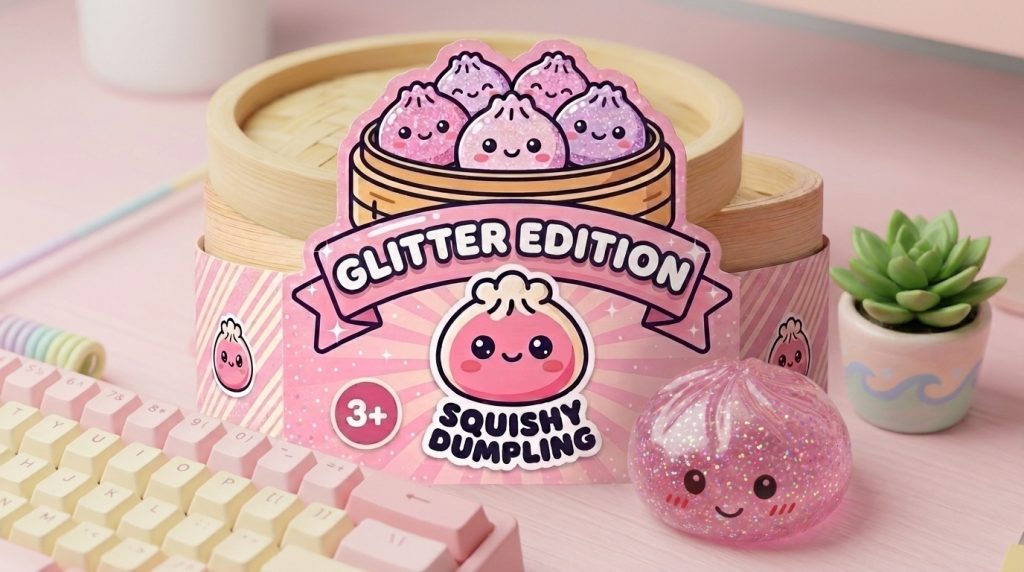 Glitter Dumpling Squishy Rosa Kawaii in seiner kawaii Umgebung