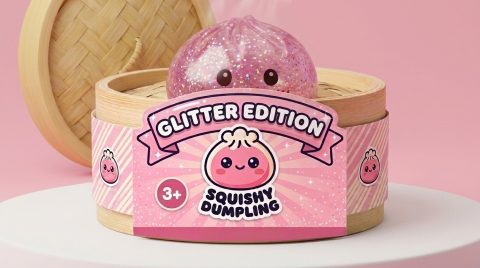 Glitter Dumpling Squishy Rosa Kawaii im Bambus-Dämpfkörbchen