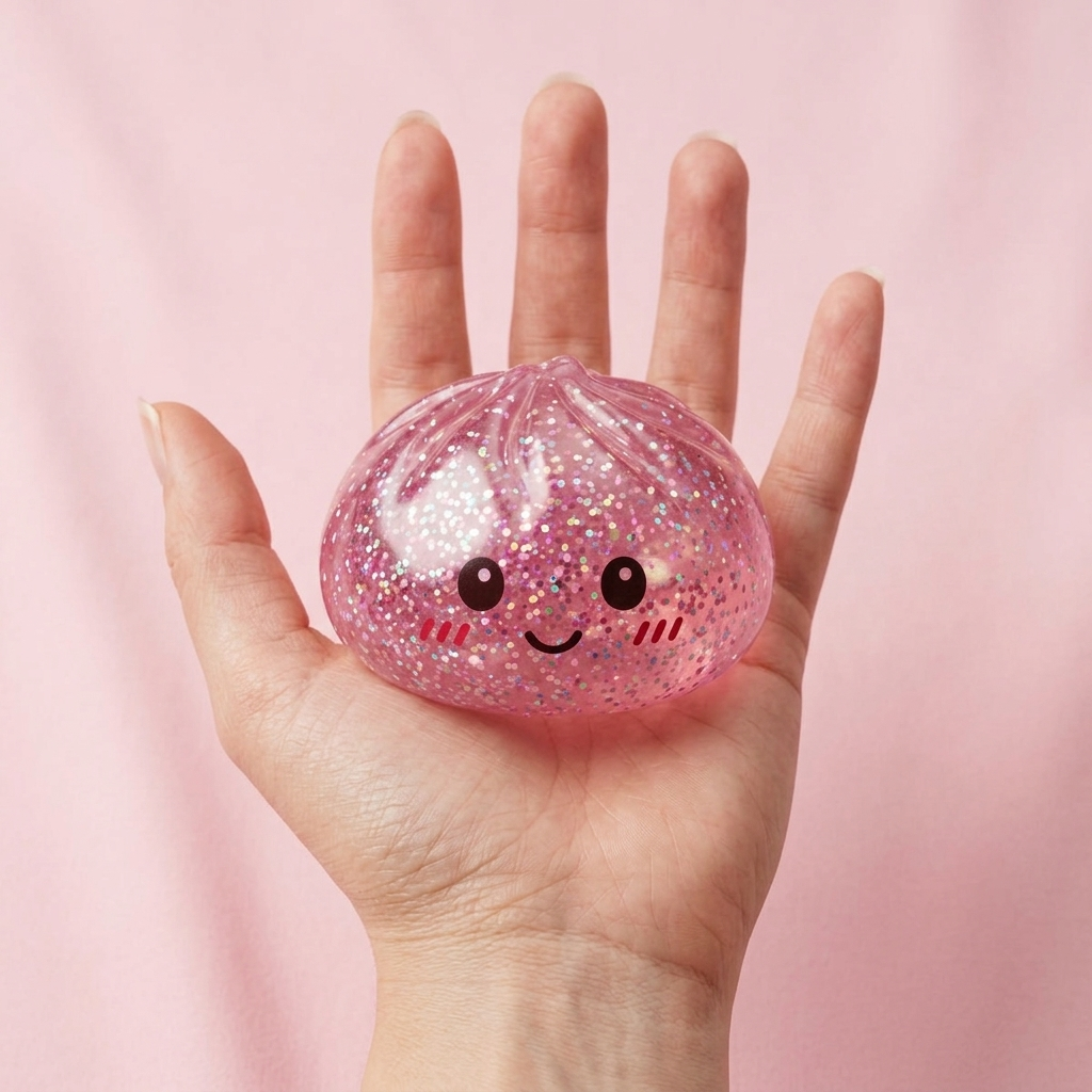 Glitter Dumpling Squishy Rosa Kawaii in der Hand gehalten, echte Größe