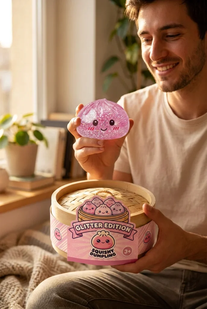 Glitter Dumpling Squishy Rosa Kawaii mit seiner Box