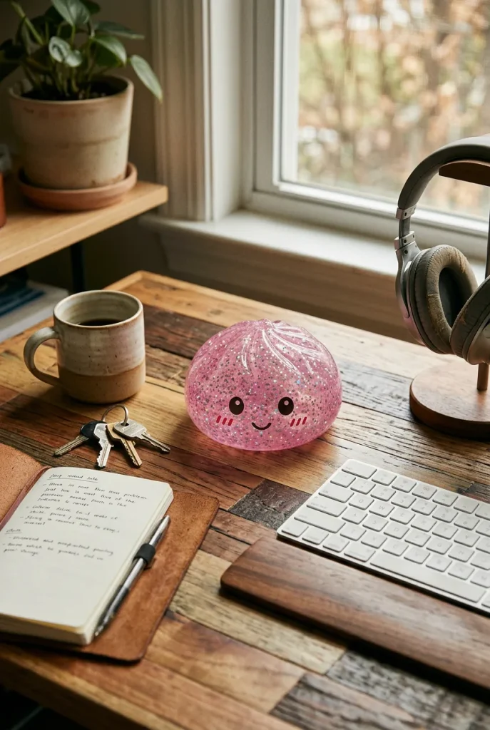 Glitter Dumpling Squishy Rosa Kawaii auf dem Schreibtisch