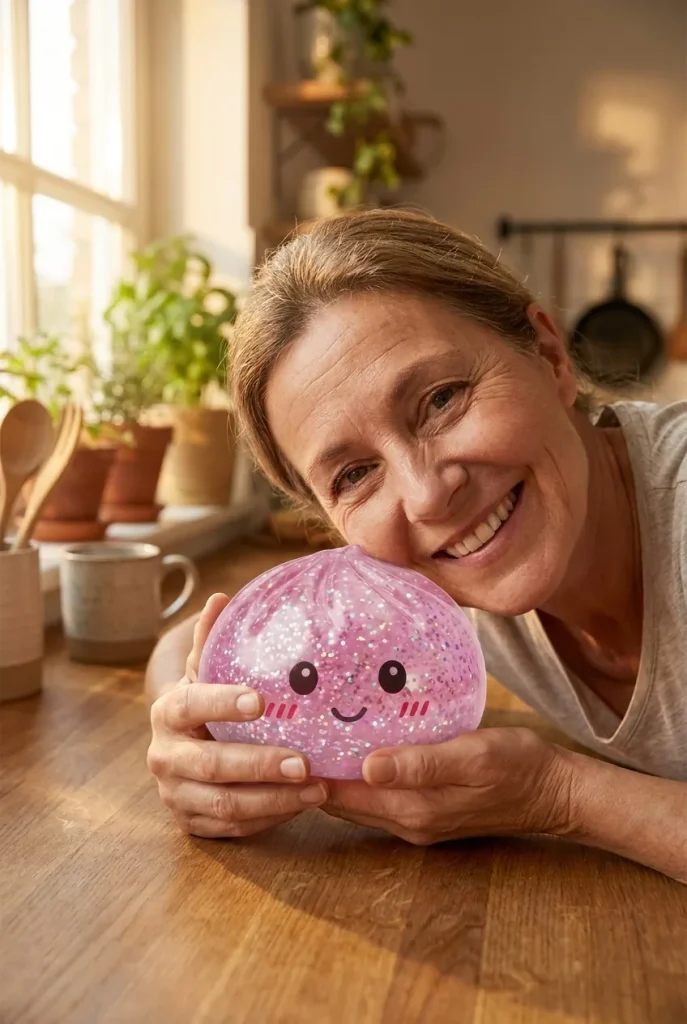 Glitter Dumpling Squishy Rosa Kawaii im Alltag