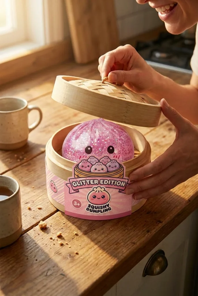 Glitter Dumpling Squishy Rosa Kawaii beim Auspacken