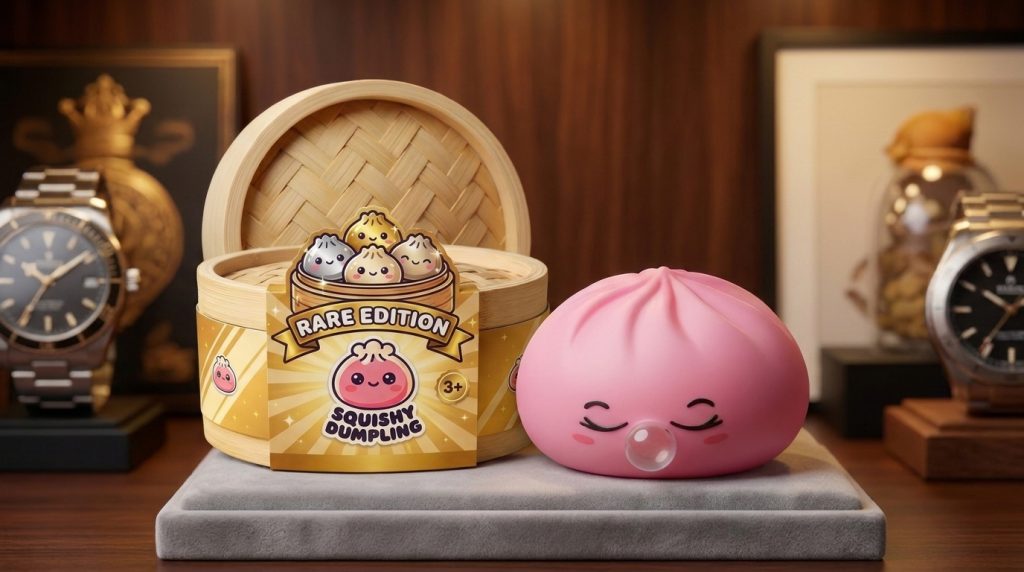 Dumpling Squishy Rosa Rare Blow mit Bambuskörbchen in seiner kawaii Umgebung
