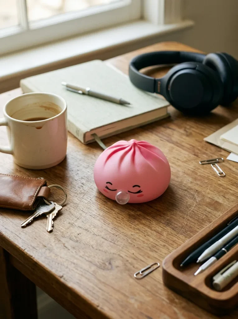 Dumpling Squishy Rosa Rare Blow mit Bambuskörbchen auf dem Schreibtisch