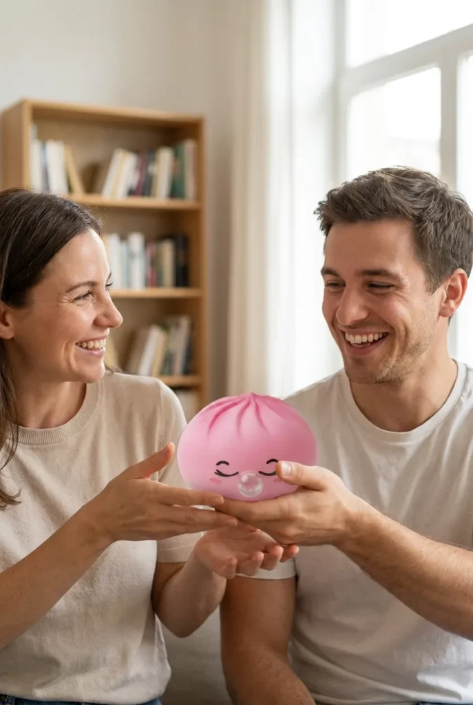 Dumpling Squishy Rosa Rare Blow mit Bambuskörbchen als Geschenkidee