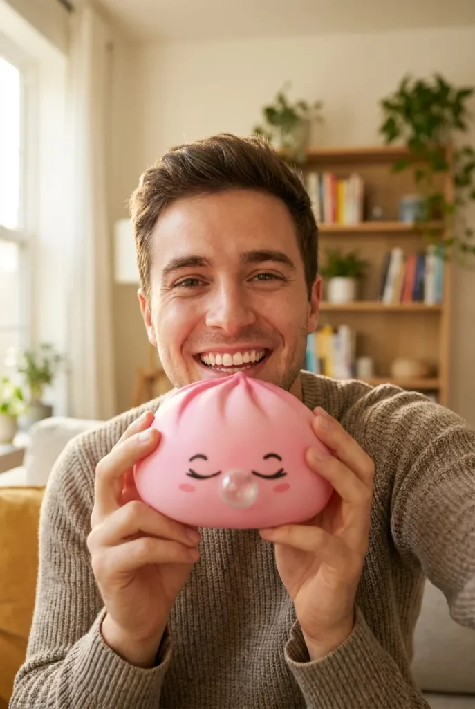Dumpling Squishy Rosa Rare Blow mit Bambuskörbchen im Alltag
