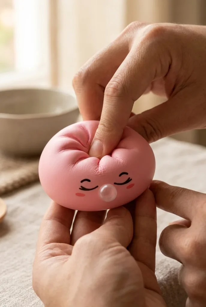 Dumpling Squishy Rosa Rare Blow mit Bambuskörbchen beim Drücken