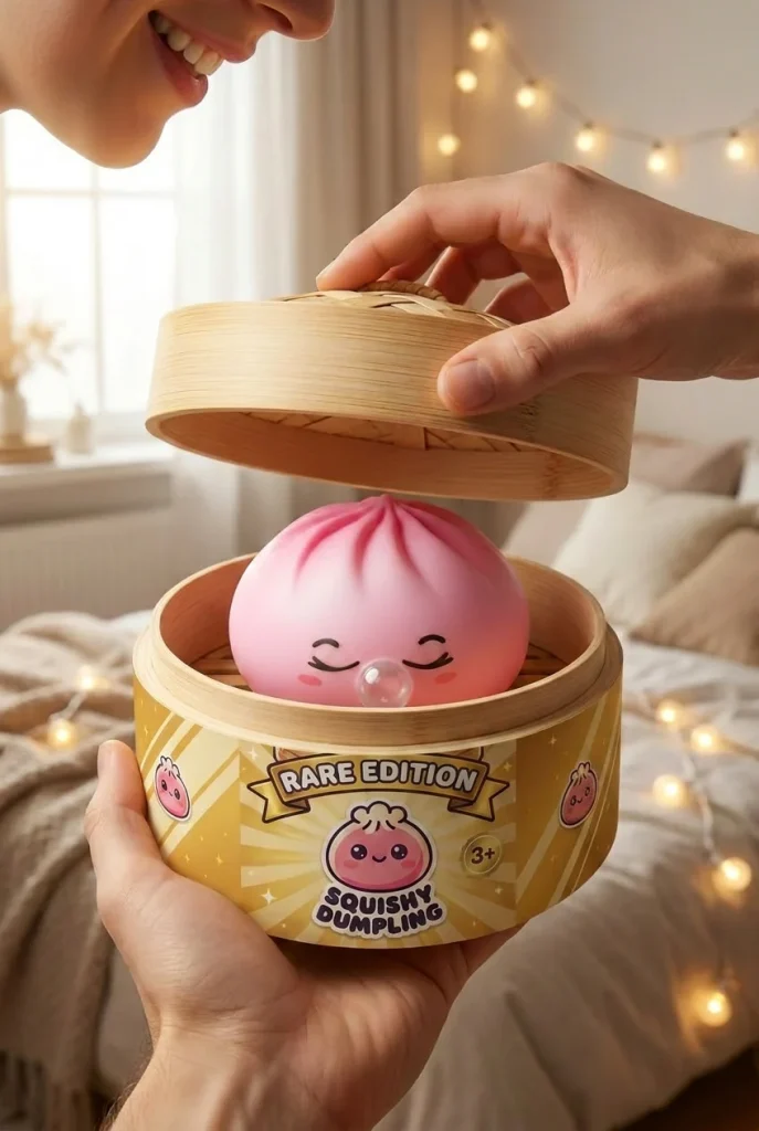 Dumpling Squishy Rosa Rare Blow mit Bambuskörbchen beim Auspacken