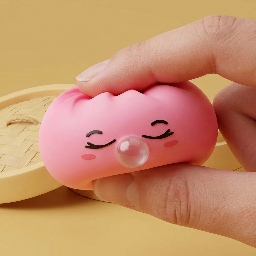 Dumpling Squishy Rosa Rare Blow mit Bambuskörbchen — slow-rise Effekt, der Schaum federt langsam zurück