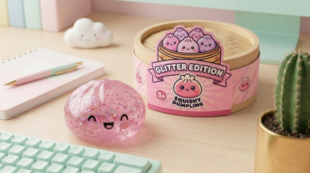 Dumpling Squishy Rosa Sparkle Bubblegum in seiner kawaii Umgebung