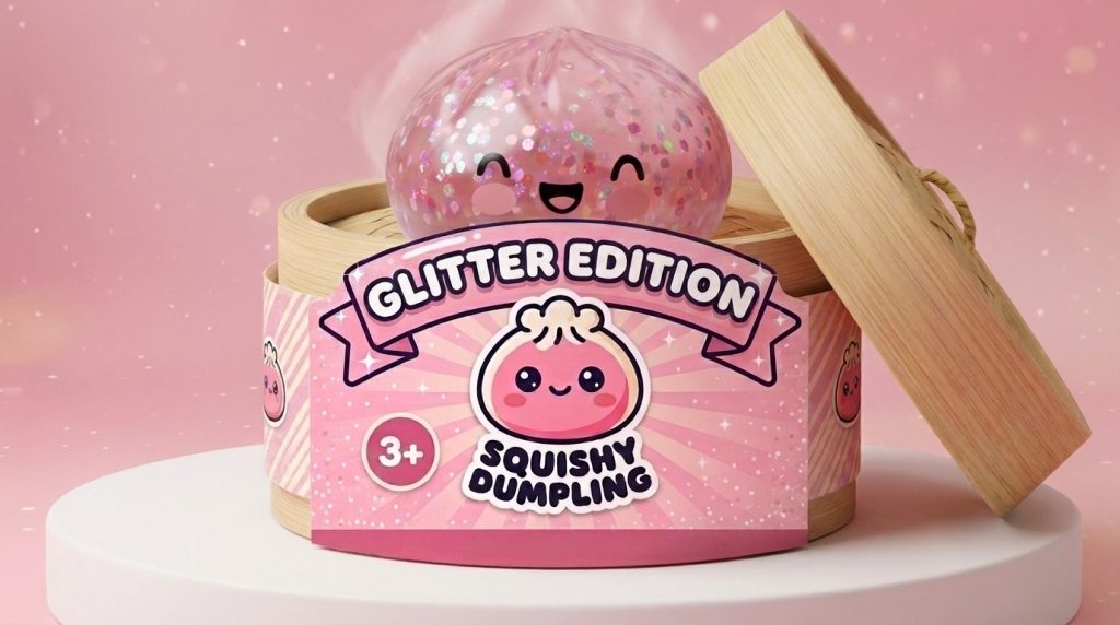Dumpling Squishy Rosa Sparkle Bubblegum im Bambus-Dämpfkörbchen