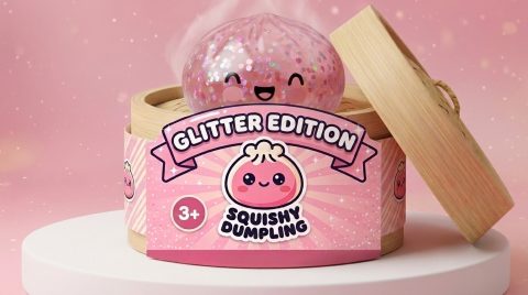 Dumpling Squishy Rosa Sparkle Bubblegum im Bambus-Dämpfkörbchen